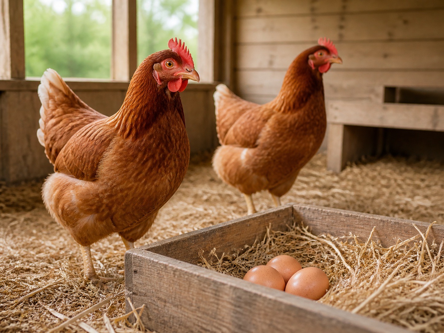 Two free-range hens beside fresh eggs in a clean barn