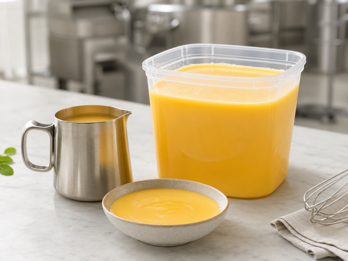 Pasteurized liquid whole egg in a professional kitchen