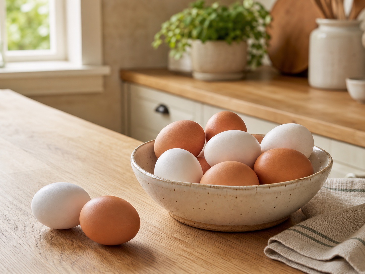 Brown and white shell eggs in a ceramic bowl in a warm kitchen